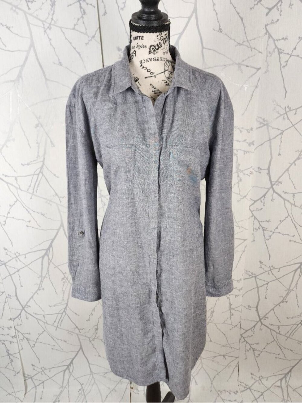 Prana Blue Chambray Hemp Tencel Stretch Button Front Shirt Dress